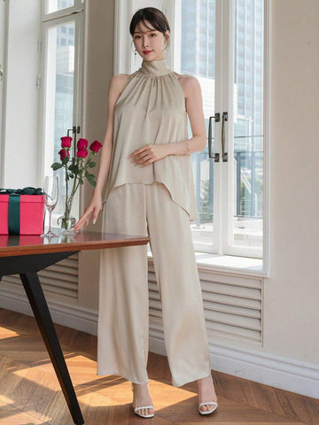 DAZY Women's Monochromatic V-Neck Sleeveless Camisole And Wide Leg Pants Two-Piece Set