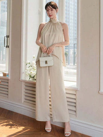 DAZY Women's Monochromatic V-Neck Sleeveless Camisole And Wide Leg Pants Two-Piece Set