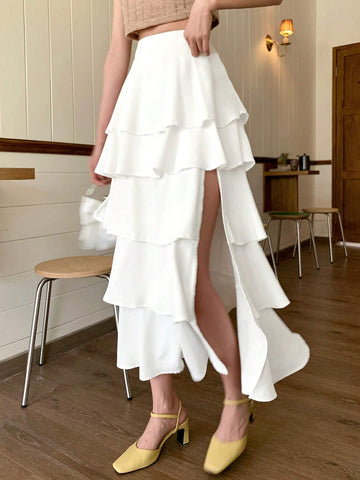 DAZY Women's Multilayered Ruffle Hem Maxi Skirt