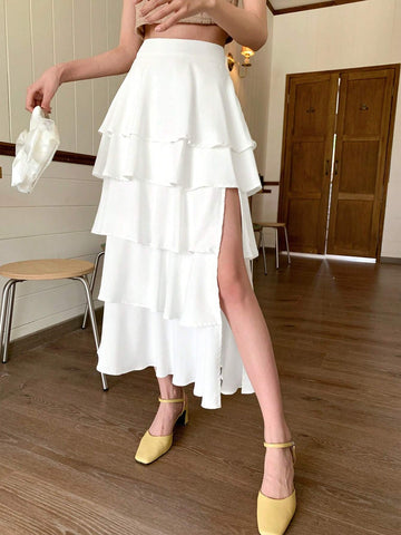 DAZY Women's Multilayered Ruffle Hem Maxi Skirt