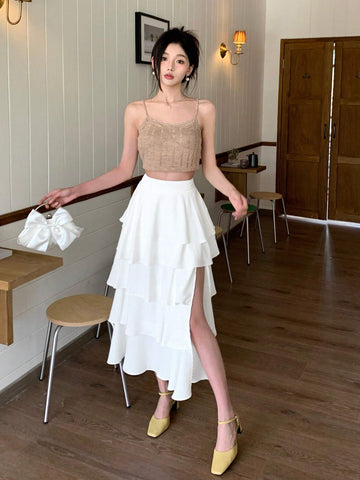 DAZY Women's Multilayered Ruffle Hem Maxi Skirt