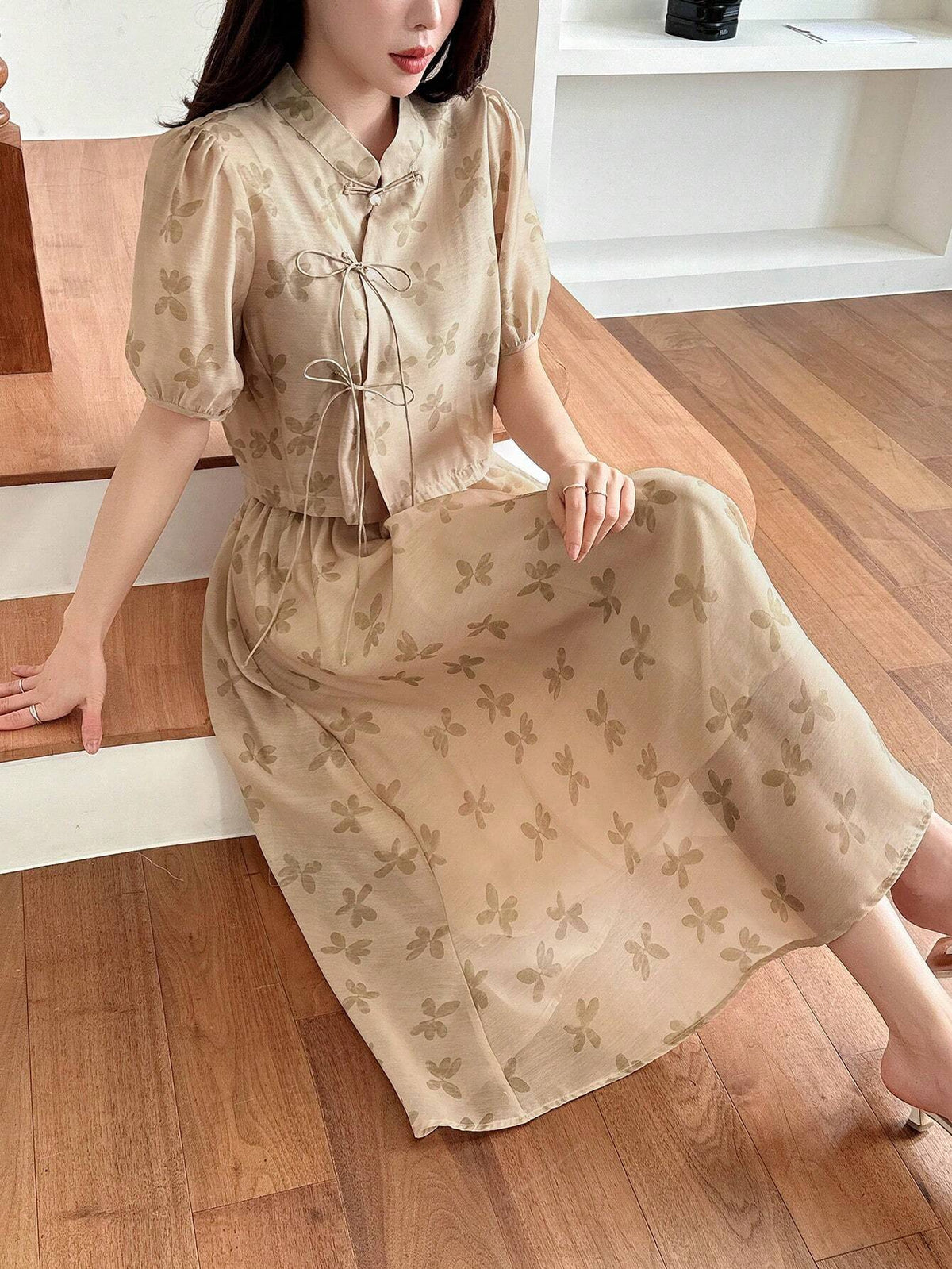 DAZY Women's New Chinese Style Floral Print Top And Skirt Two-Piece Set