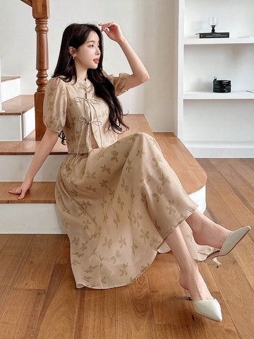 DAZY Women's New Chinese Style Floral Print Top And Skirt Two-Piece Set
