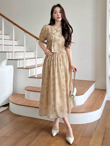 DAZY Women's New Chinese Style Floral Print Top And Skirt Two-Piece Set