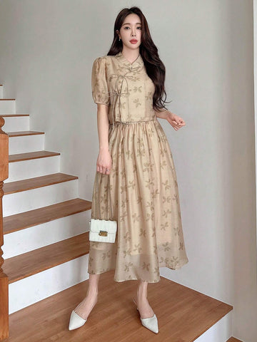 DAZY Women's New Chinese Style Floral Print Top And Skirt Two-Piece Set