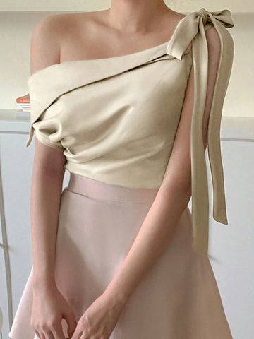 DAZY Women's Oblique Shoulder Bowknot Glossy High Elasticity Blouse