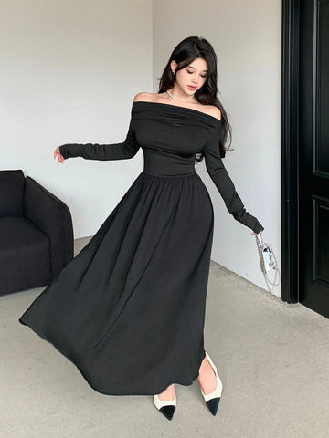 DAZY Women's Off-Shoulder Cinched Waist Long Sleeve Solid Color Dress, Autumn