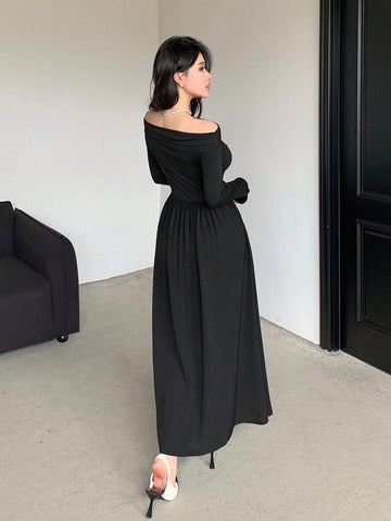 DAZY Women's Off-Shoulder Cinched Waist Long Sleeve Solid Color Dress, Autumn