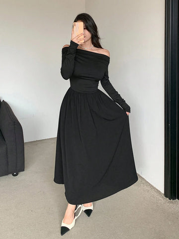 DAZY Women's Off-Shoulder Cinched Waist Long Sleeve Solid Color Dress, Autumn