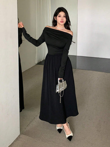 DAZY Women's Off-Shoulder Cinched Waist Long Sleeve Solid Color Dress, Autumn