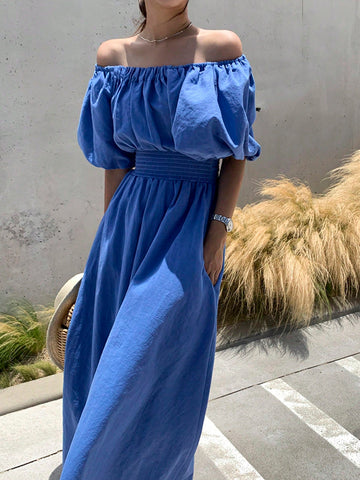 DAZY Women's Off Shoulder Puff Sleeve Elastic Waist Bubble Dress