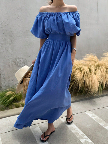 DAZY Women's Off Shoulder Puff Sleeve Elastic Waist Bubble Dress