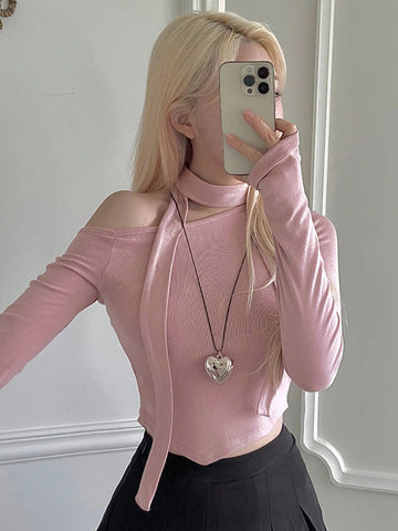 Women's Open Shoulder Asymmetrical Neckline Elegant Solid Color Slim Fit Long Sleeve T-Shirt