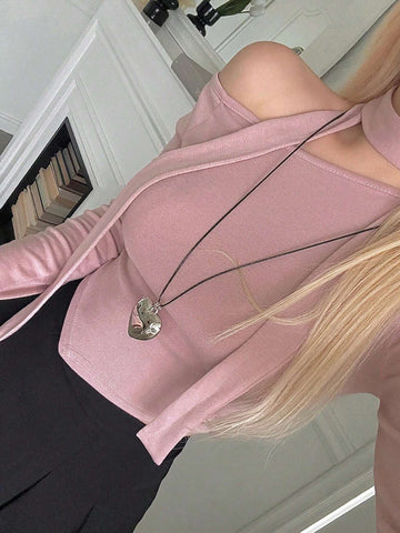 Women's Open Shoulder Asymmetrical Neckline Elegant Solid Color Slim Fit Long Sleeve T-Shirt