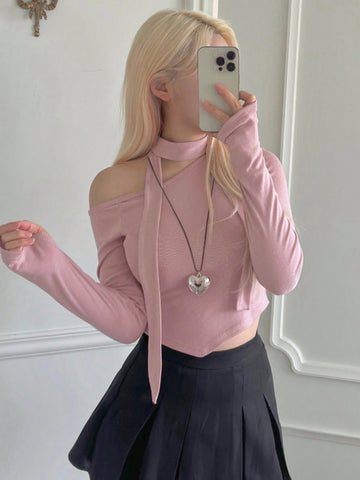 Women's Open Shoulder Asymmetrical Neckline Elegant Solid Color Slim Fit Long Sleeve T-Shirt