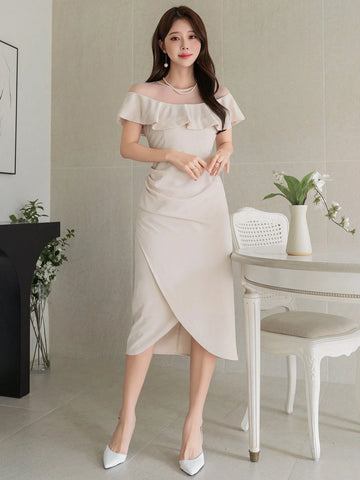 DAZY Women's Patchwork Ruffle Trim Asymmetric Hem Dress