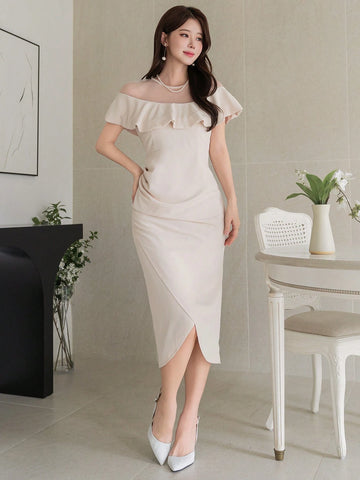 DAZY Women's Patchwork Ruffle Trim Asymmetric Hem Dress