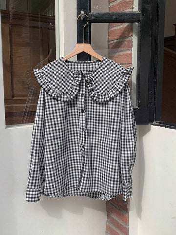 DAZY Women's Peter Pan Collar Ruffle Plaid Loose Shirt