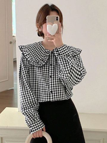 DAZY Women's Peter Pan Collar Ruffle Plaid Loose Shirt