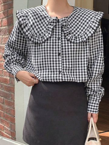 DAZY Women's Peter Pan Collar Ruffle Plaid Loose Shirt