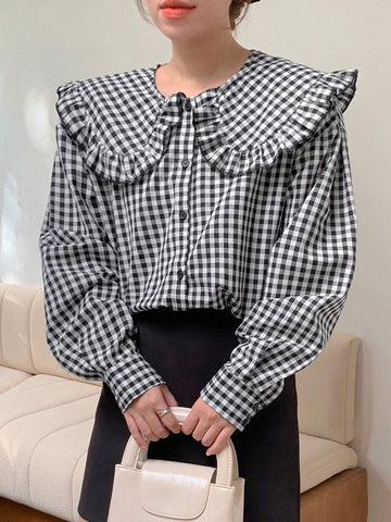 DAZY Women's Peter Pan Collar Ruffle Plaid Loose Shirt