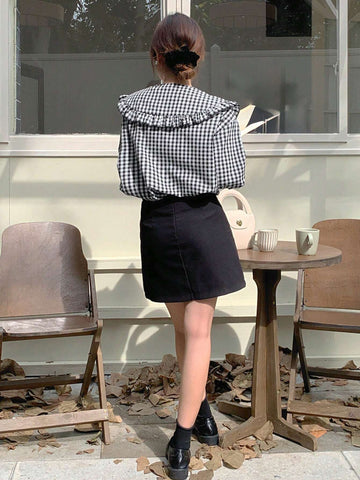 DAZY Women's Peter Pan Collar Ruffle Plaid Loose Shirt