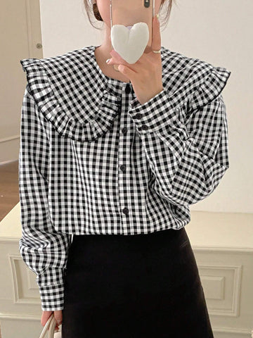 DAZY Women's Peter Pan Collar Ruffle Plaid Loose Shirt
