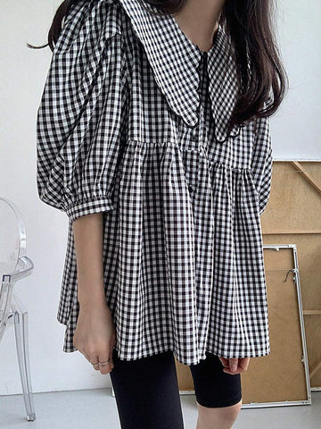 DAZY Women's Plaid Doll Collar Simple Daily Shirt