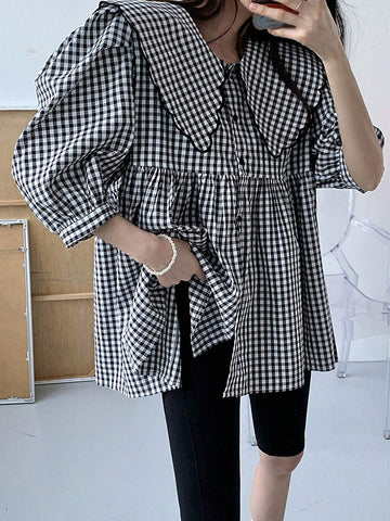 DAZY Women's Plaid Doll Collar Simple Daily Shirt