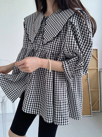 DAZY Women's Plaid Doll Collar Simple Daily Shirt