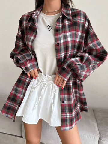 DAZY Women's Plaid Loose Regular Blouse