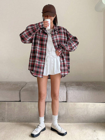 DAZY Women's Plaid Loose Regular Blouse