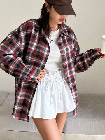 DAZY Women's Plaid Loose Regular Blouse