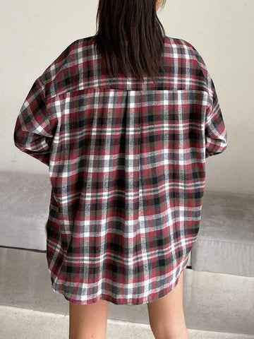 DAZY Women's Plaid Loose Regular Blouse