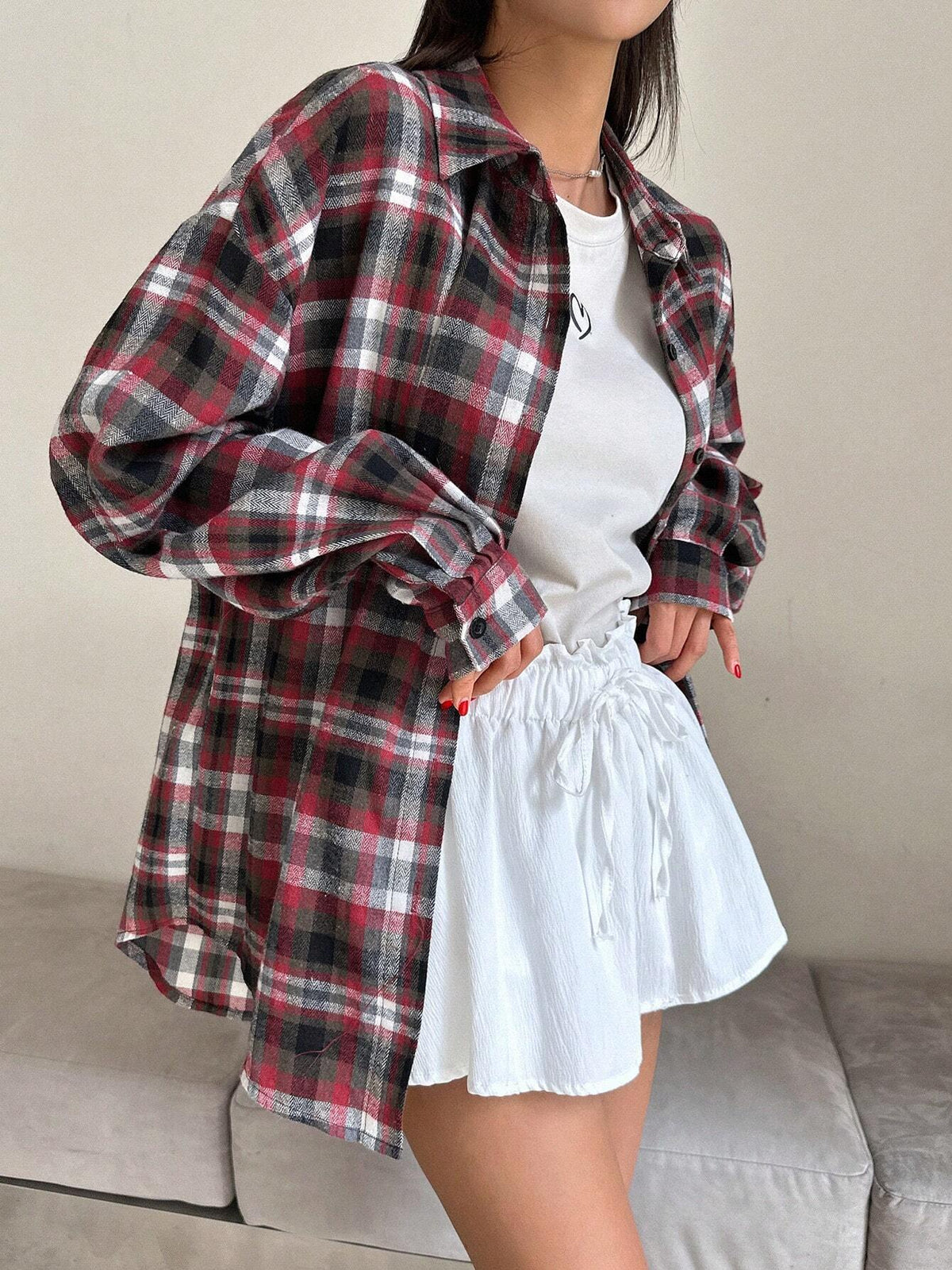 DAZY Women's Plaid Loose Regular Blouse