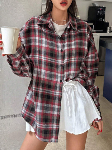 DAZY Women's Plaid Loose Regular Blouse