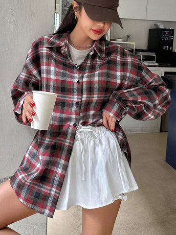 DAZY Women's Plaid Loose Regular Blouse