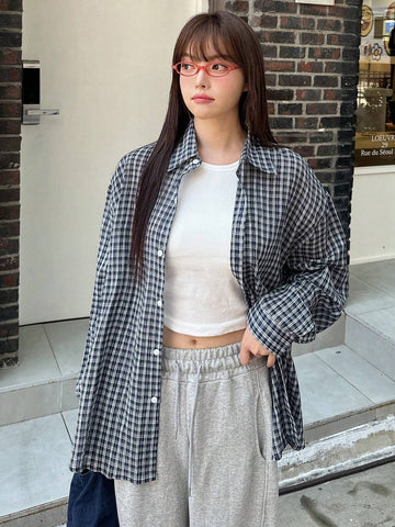 DAZY Women's Plaid Oversized Turndown Collar Shirt, Autumn