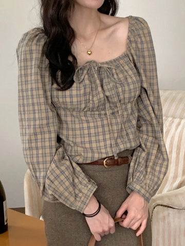 DAZY Women's Plaid Stand Collar Pullover Fitted Casual Country Style Blouse