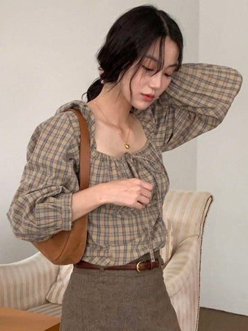 DAZY Women's Plaid Stand Collar Pullover Fitted Casual Country Style Blouse