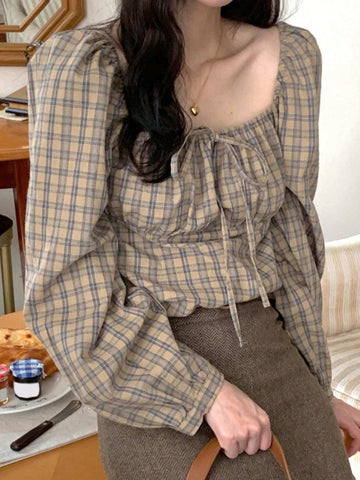 DAZY Women's Plaid Stand Collar Pullover Fitted Casual Country Style Blouse