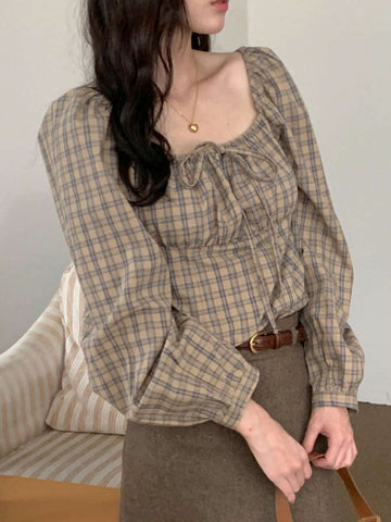 DAZY Women's Plaid Stand Collar Pullover Fitted Casual Country Style Blouse