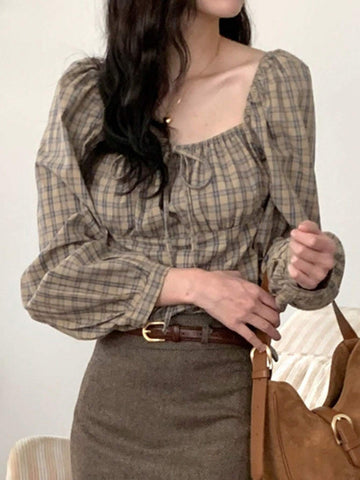 DAZY Women's Plaid Stand Collar Pullover Fitted Casual Country Style Blouse