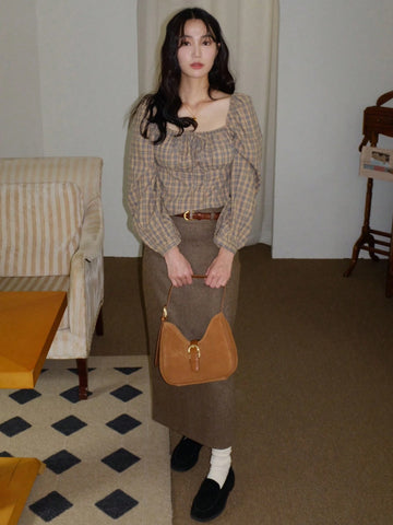 DAZY Women's Plaid Stand Collar Pullover Fitted Casual Country Style Blouse