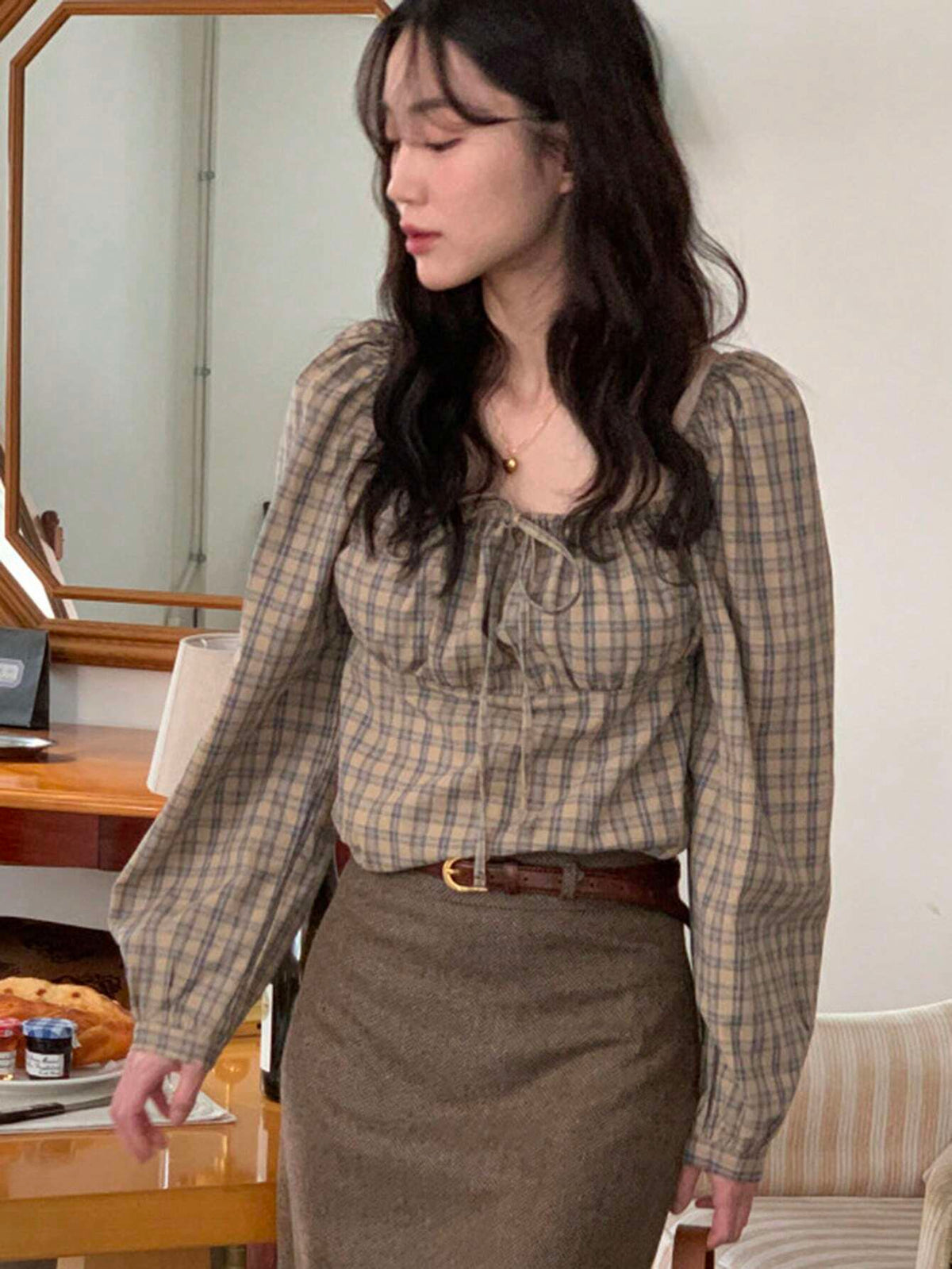 DAZY Women's Plaid Stand Collar Pullover Fitted Casual Country Style Blouse