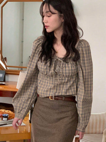 DAZY Women's Plaid Stand Collar Pullover Fitted Casual Country Style Blouse