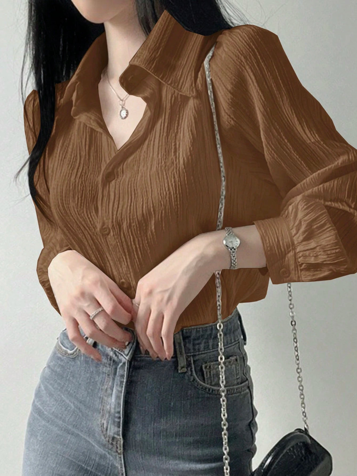 DAZY Women's Plain Color Pleated Loose Blouse With Collar