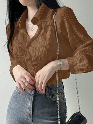 DAZY Women's Plain Color Pleated Loose Blouse With Collar