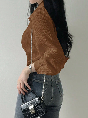 DAZY Women's Plain Color Pleated Loose Blouse With Collar