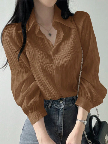 DAZY Women's Plain Color Pleated Loose Blouse With Collar